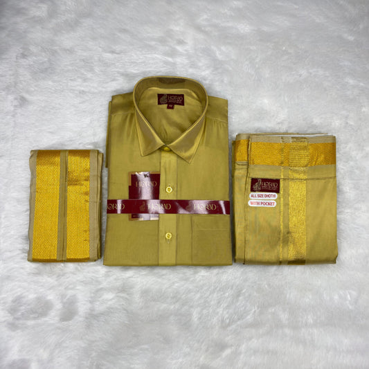 Horad Premium Art Silk Dark Gold Shirt + Welcro Dhoti + Angavastram