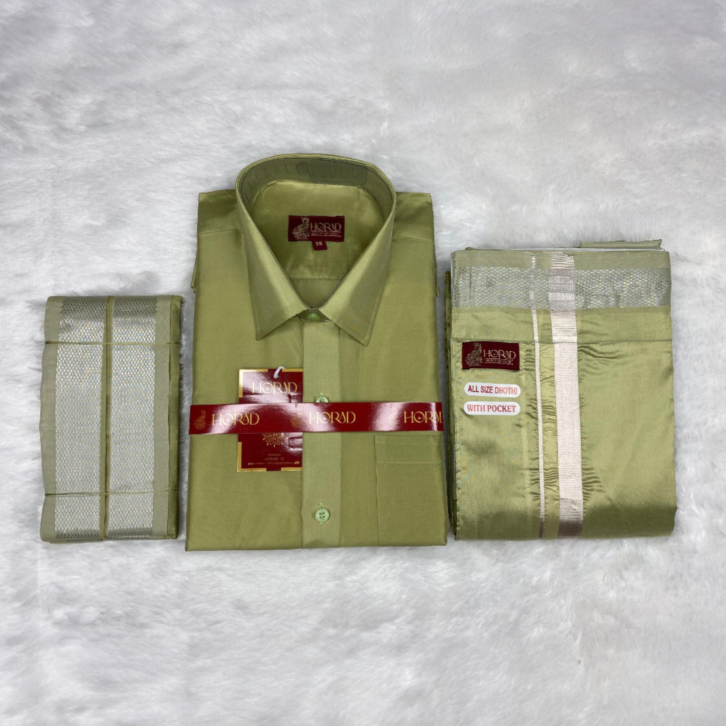 Horad Premium Art Silk FIR.Green Shirt + Welcro Dhoti + Angavastram