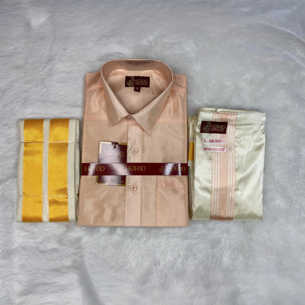 Horad Premium Art Silk RoseGold Shirt + Cream with RoseGold+Gold Border Welcro Dhoti + Angavastram