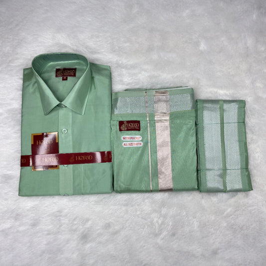 Horad Premium Art Silk Pista Green Shirt + Welcro Dhoti + Angavastram