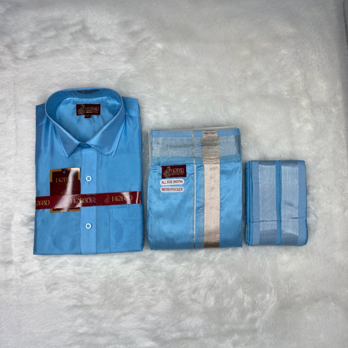 Horad Premium Art Silk Sky Blue Shirt + Welcro Dhoti + Angavastram
