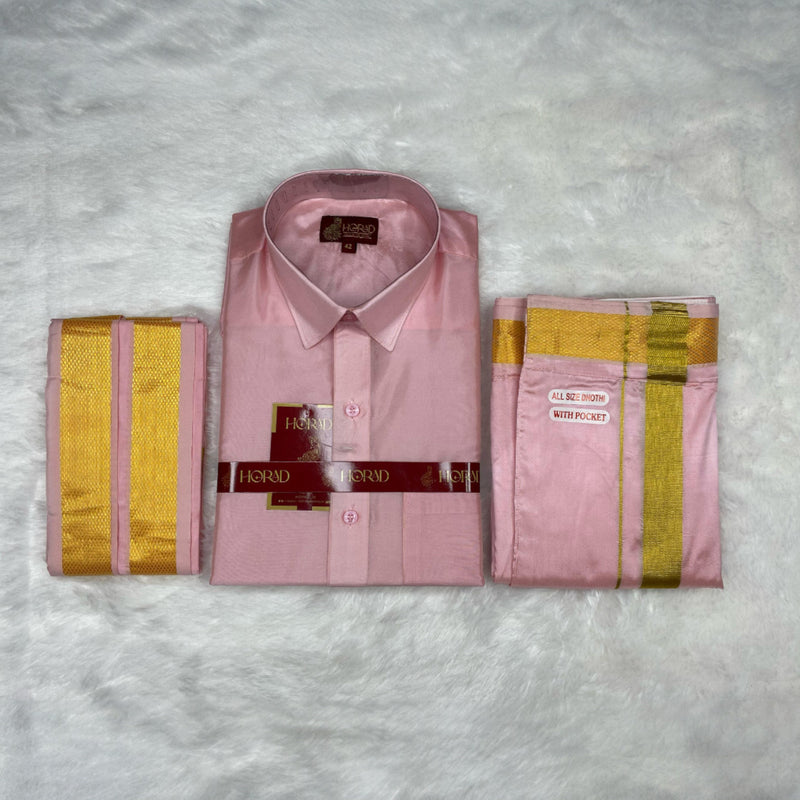 Horad Premium Art Silk Petal Pink Shirt + Welcro Dhoti + Angavastram