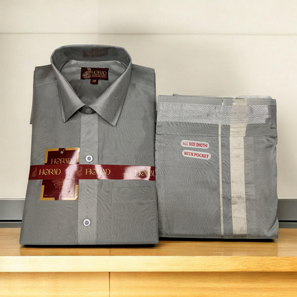 Horad Premium Art Silk Steel Grey Shirt + Welcro Dhoti