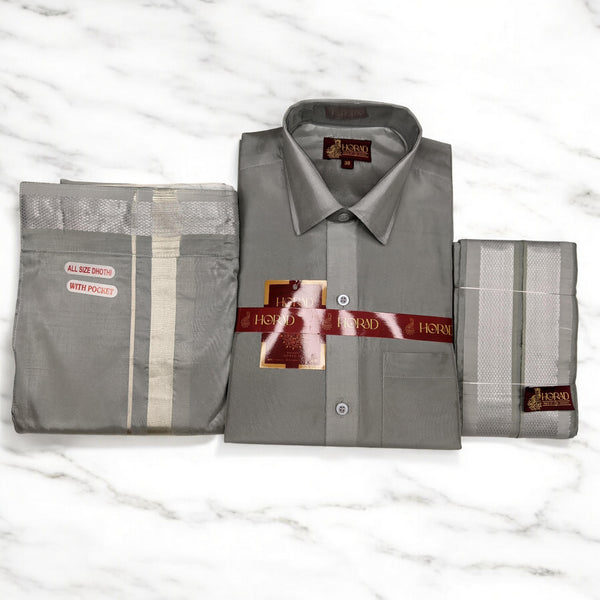 Horad Premium Art Silk Steel Grey Shirt + Welcro Dhoti + Angavastram