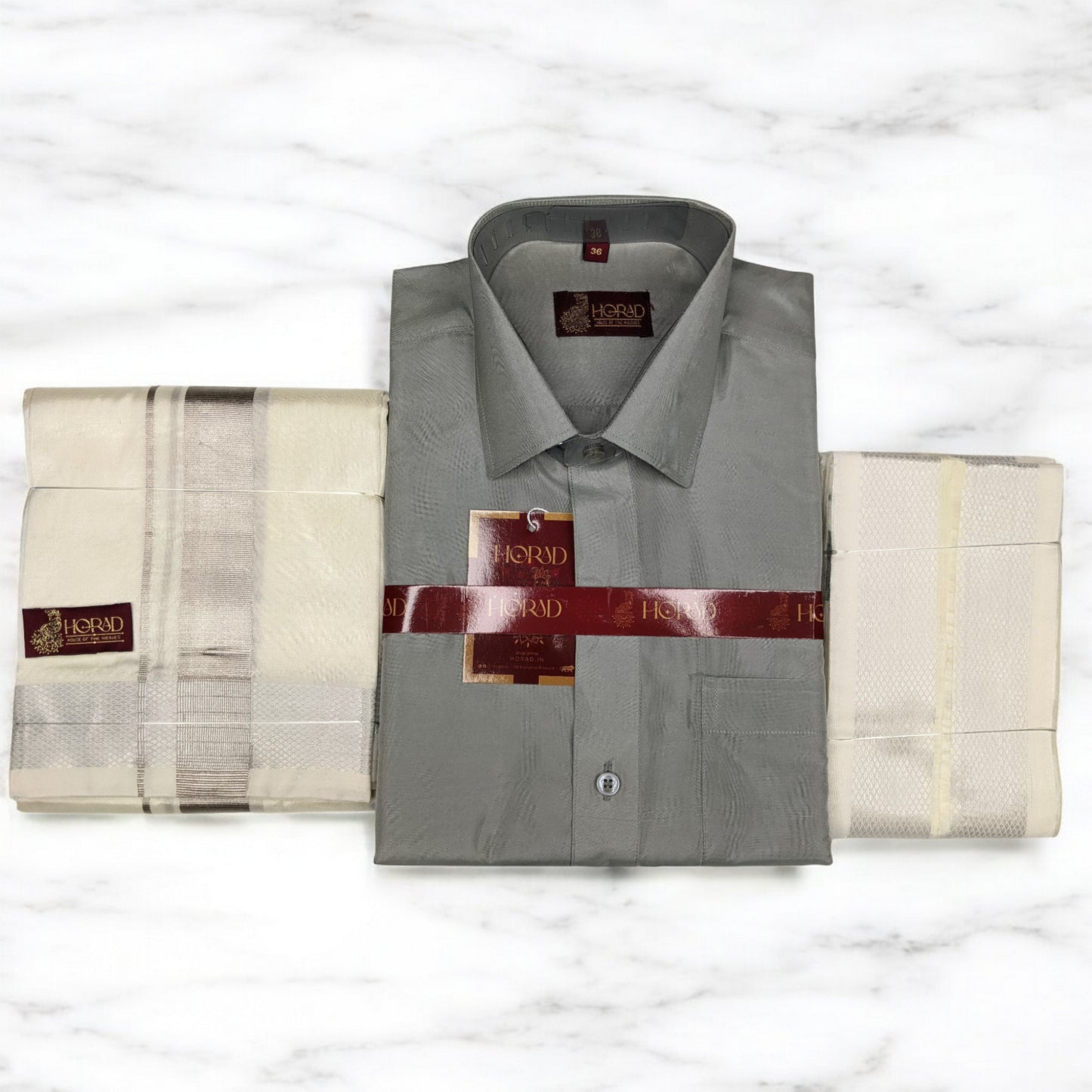 Horad Premium Art Silk Steel Grey Shirt + Silver Zari Dhoti + Angavastram