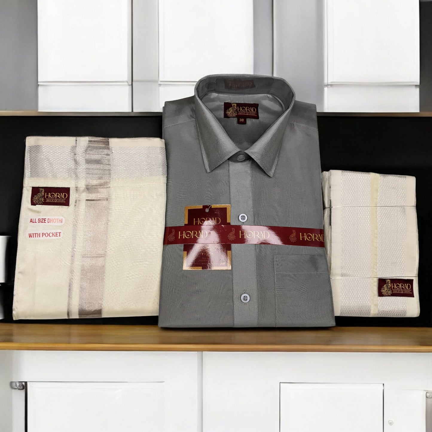 Horad Premium Art Silk Steel Grey Shirt + Silver Zari Welcro Dhoti + Angavastram