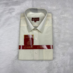 Horad Premium Art Silk Cream  Shirt + Cream with Rose Gold+Silver Border Dhoti + Angavastram + Belt