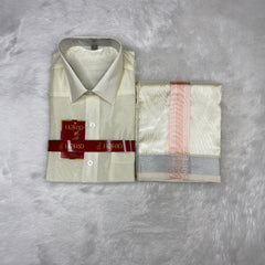 Horad Premium Art Silk Cream Shirt + Cream with Rose Gold+Silver Border Dhoti