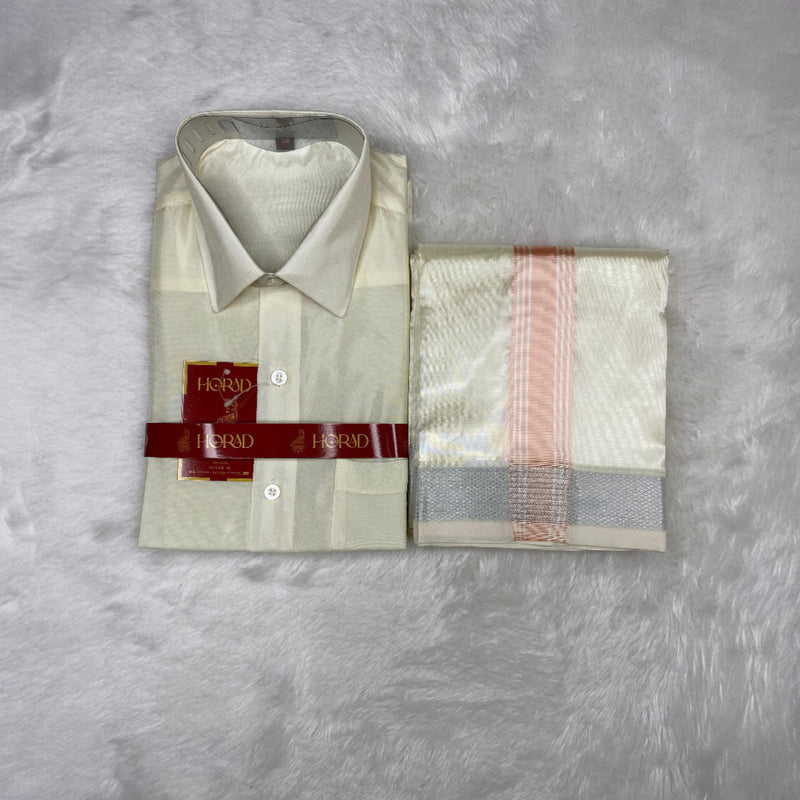 Horad Premium Art Silk Cream Shirt + Cream with Rose Gold+Silver Border Dhoti