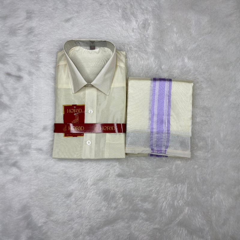 Horad Premium Art Silk Cream Shirt +Cream with  Lavender + Silver Border Dhoti