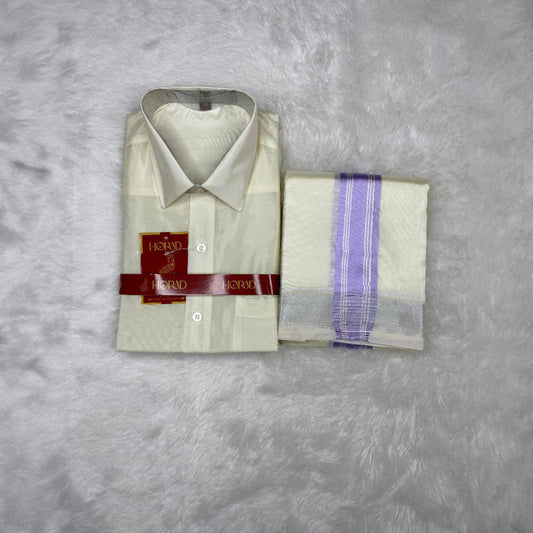 Horad Premium Art Silk Cream Shirt +Cream with  Lavender + Silver Border Dhoti