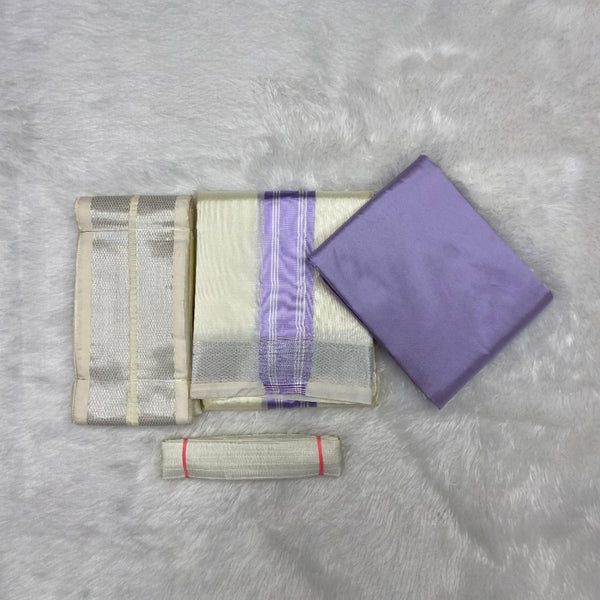 HORAD Premium Art Silk Cream with Lavender+Silver Border Dhoti with Lavender Shirt Material + Angavastram + Belt