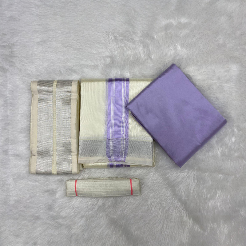 HORAD Premium Art Silk Cream with Lavender+Silver Border Dhoti with Lavender Shirt Material + Angavastram + Belt