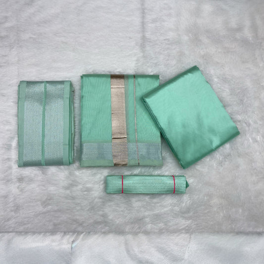 HORAD Premium Art Silk M.L.Green Dhoti with Shirt Material + Angavastram + Belt