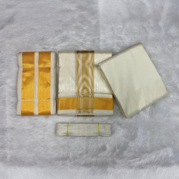 HORAD Premium Art Silk Cream with Gold Border Dhoti with Cream Shirt Material + Angavastram + Belt