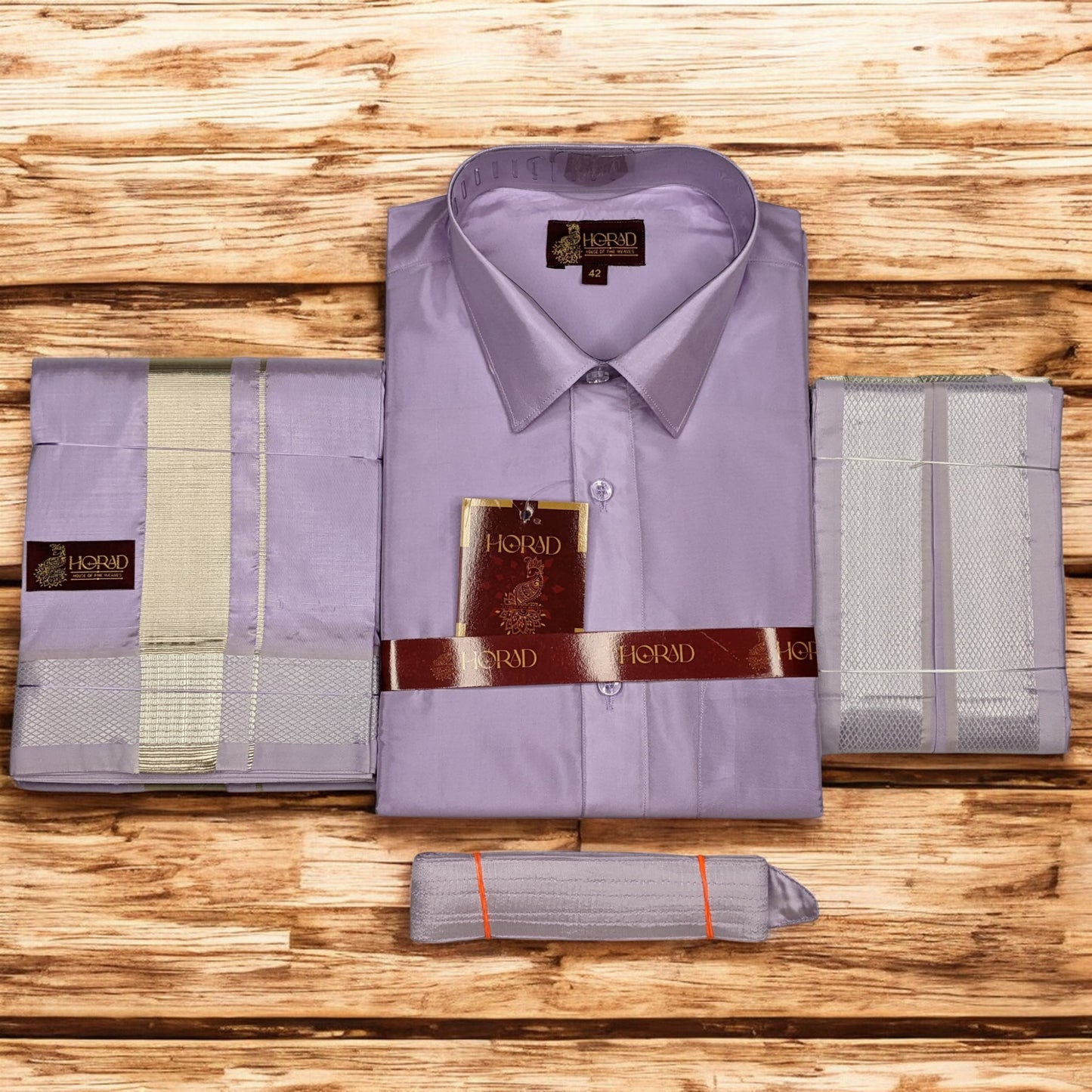 Horad Premium Art Silk Lavender Shirt + Dhoti + Angavastram + Belt