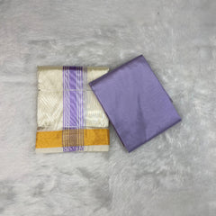 HORAD Premium Art Silk Cream with Lavender+Gold Border Dhoti with Lavender Shirt Material