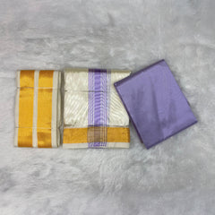 HORAD Premium Art Silk Cream with Lavender+Gold Border Dhoti with Lavender Shirt Material + Angavastram