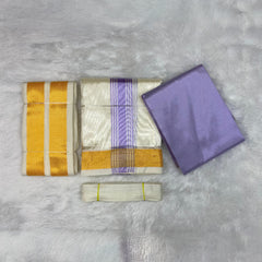 HORAD Premium Art Silk Cream with Lavender+Gold Border Dhoti with Lavender Shirt Material + Angavastram + Belt