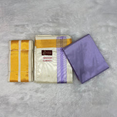 HORAD Premium Art Silk Cream with Lavender+Gold Border Welcro Dhoti with Lavender Shirt Material + Angavastram
