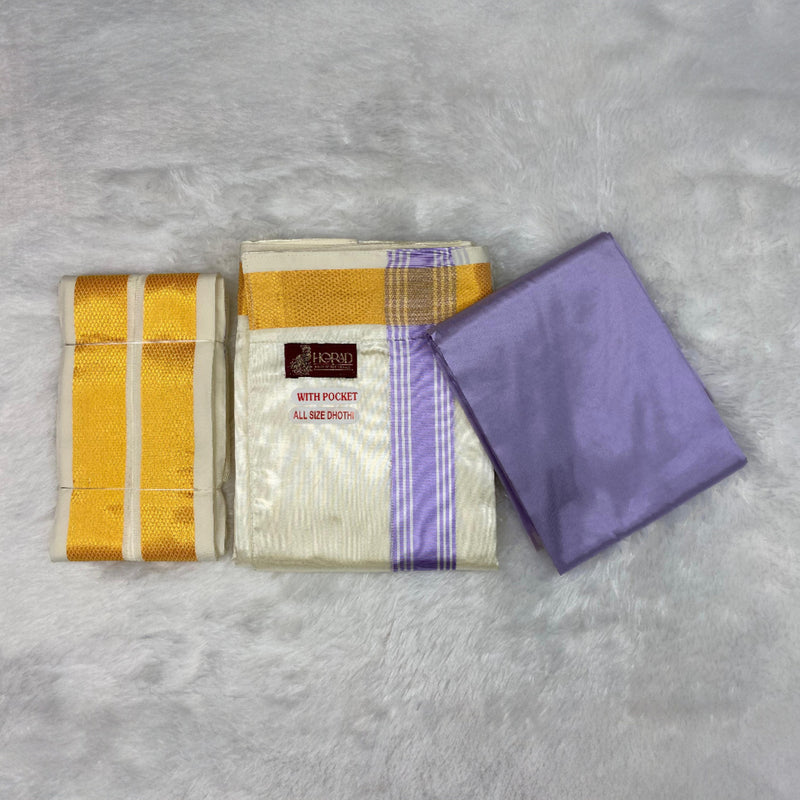HORAD Premium Art Silk Cream with Lavender+Gold Border Welcro Dhoti with Lavender Shirt Material + Angavastram