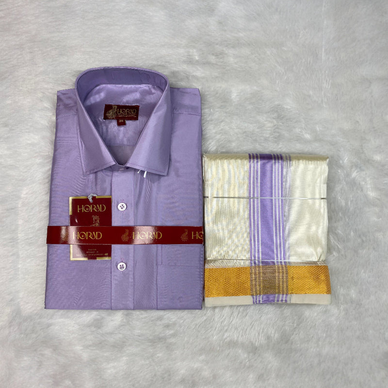 Horad Premium Art Silk Lavender Shirt + Cream with Lavender+Gold Border Dhoti