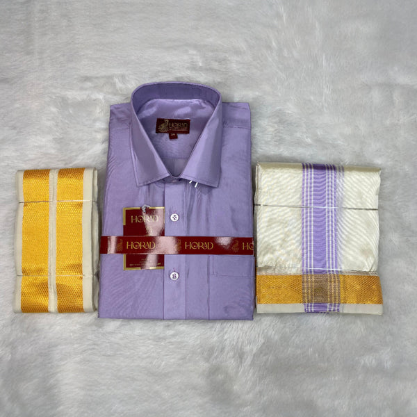 Horad Premium Art Silk Lavender Shirt + Cream with Lavender+Gold Border Dhoti + Angavastram