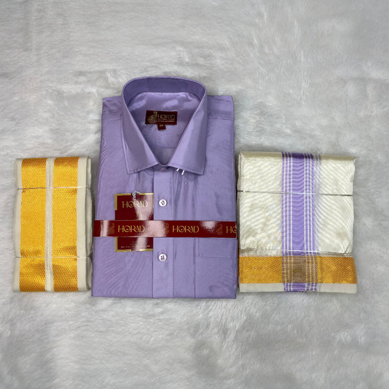 Horad Premium Art Silk Lavender Shirt + Cream with Lavender+Gold Border Dhoti + Angavastram