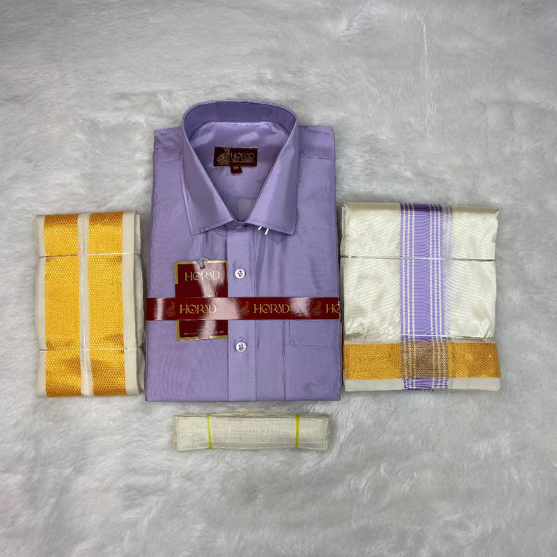 Horad Premium Art Silk Lavender Shirt + Cream with Lavender+Gold Border Dhoti + Angavastram + Belt