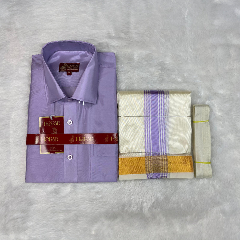Horad Premium Art Silk Lavender Shirt + Cream with Lavender+Gold Border Dhoti + Belt