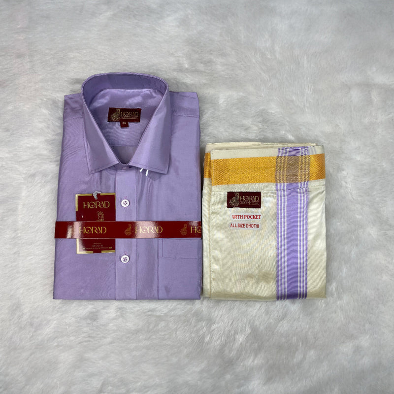 Horad Premium Art Silk Lavender Shirt + Cream with Lavender+Gold Border Welcro Dhoti