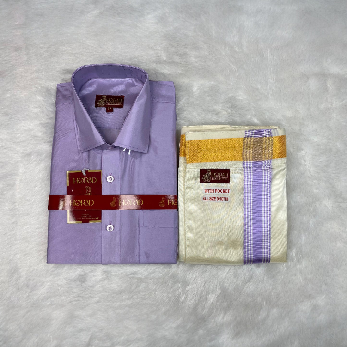 Horad Premium Art Silk Lavender Shirt + Cream with Lavender+Gold Border Welcro Dhoti