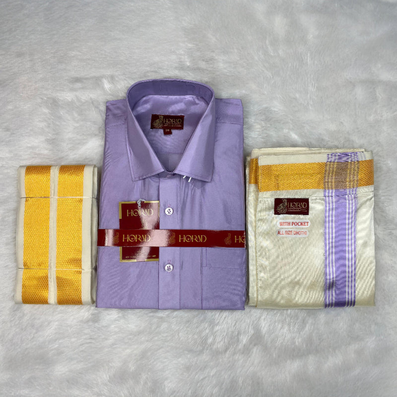 Horad Premium Art Silk Lavender Shirt + Cream with Lavender+Gold Border Welcro Dhoti + Angavastram