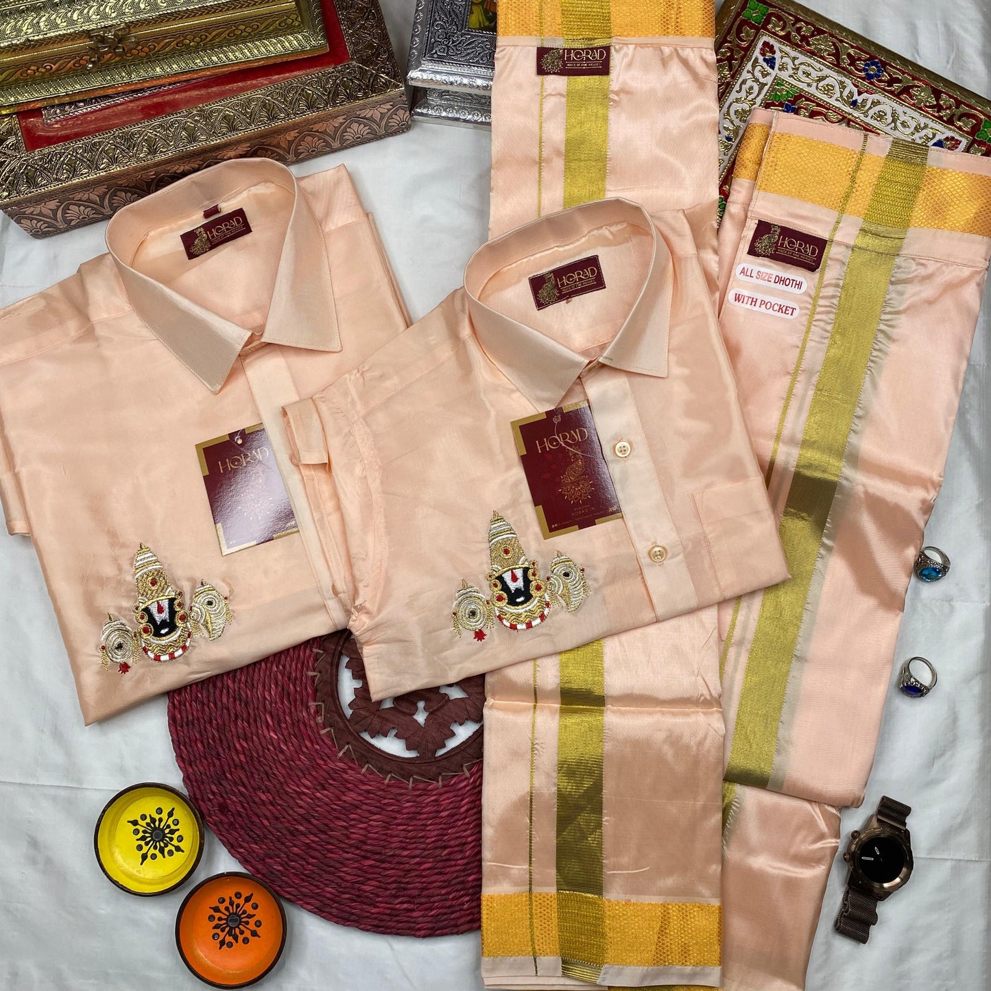 Horad Premium Art Silk Rose Gold Balaji Embroidery Shirt + Dhoti