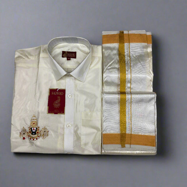 Horad Art Silk Cream Balaji Embroidery Shirt + Cream with Gold Border Dhoti