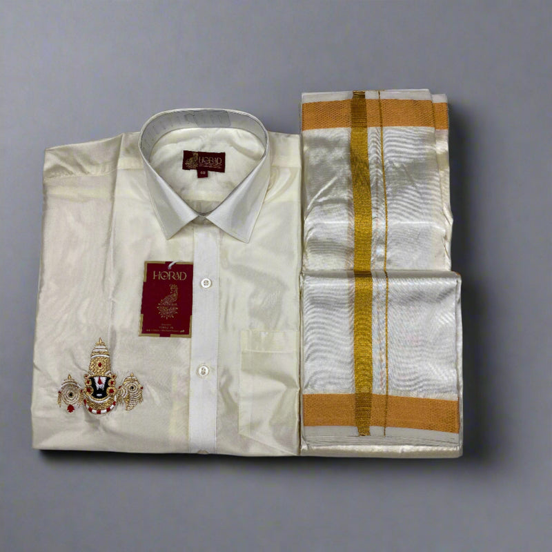 Horad Art Silk Cream Balaji Embroidery Shirt + Cream with Gold Border Dhoti