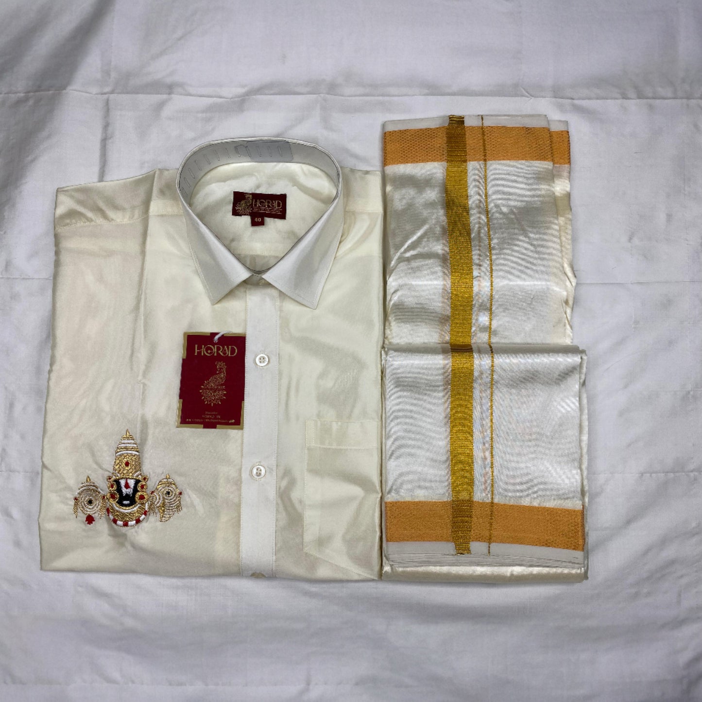 Horad Art Silk Cream Balaji Embroidery Shirt + Cream with Gold Border Dhoti