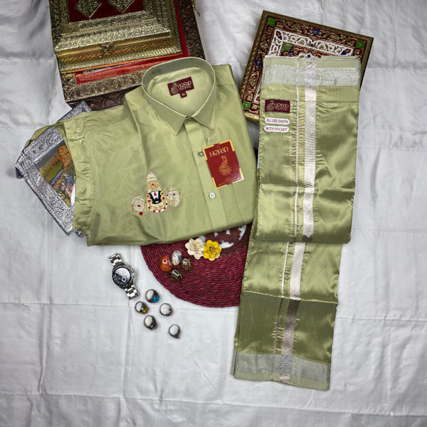 Horad Premium Art Silk FIR.Green Balaji Embroidery Shirt + Welcro Dhoti