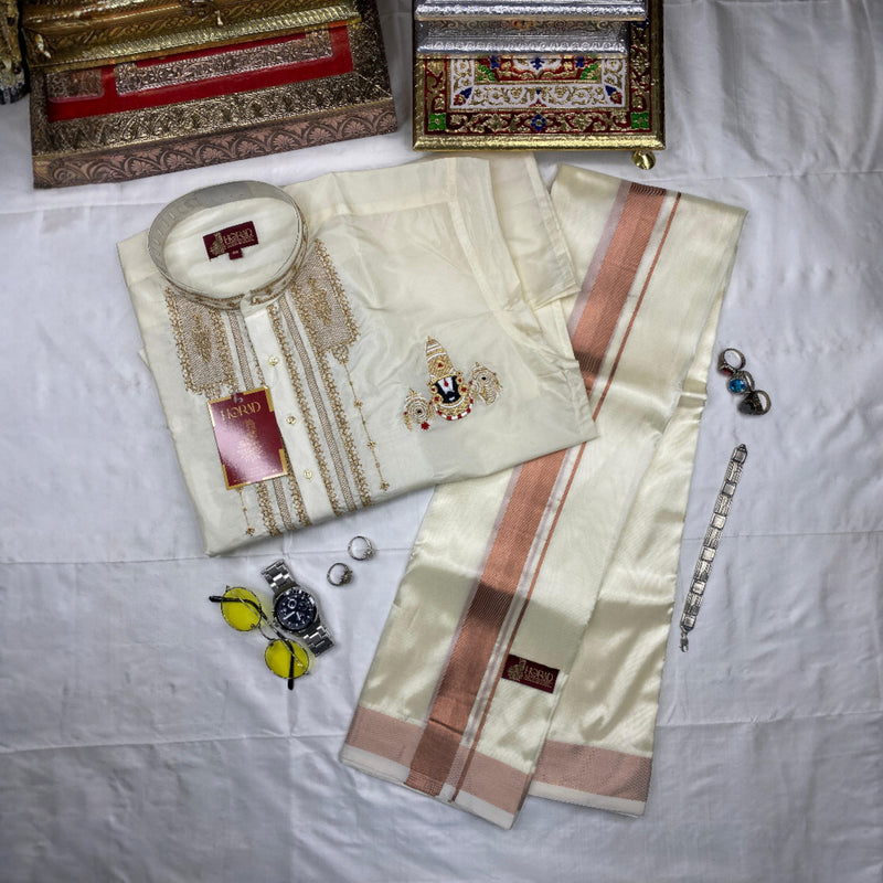 Horad Premium Art Silk Cream Balaji Embroidery Long Kurta + Cream with Copper Border Dhoti
