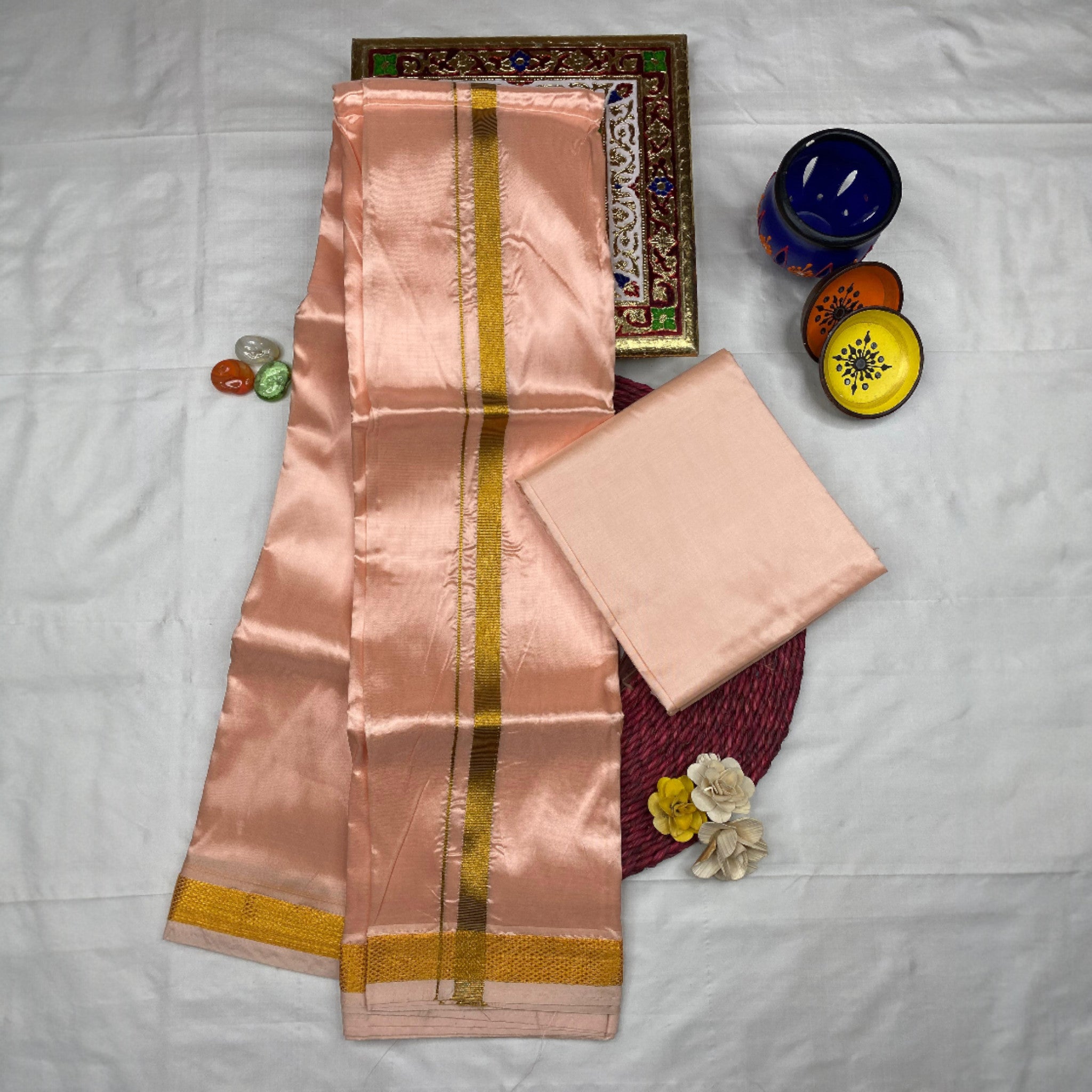 HORAD Art Silk Rose Gold Shirt Material + Gold Zari Dhoti