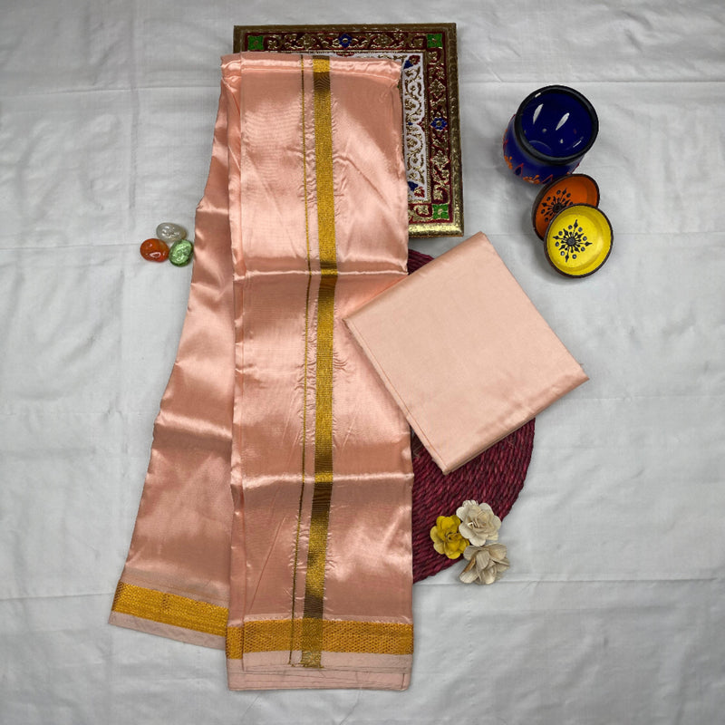HORAD Art Silk  Rose Gold Shirt Material + Gold Zari Dhoti