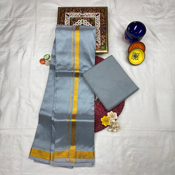 HORAD Art Silk  Steel Grey Shirt Material + Gold Zari Dhoti
