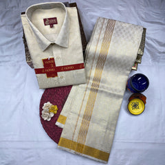 Horad Kora Cotton Tissue Gold Emboss Shirt  + Dhoti