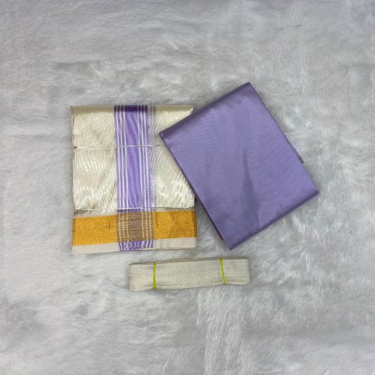 HORAD Premium Art Silk Cream with Lavender+Gold Border Dhoti with Lavender Shirt Material + Belt