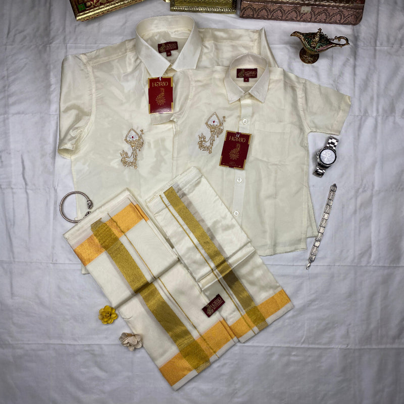 Horad Premium Art Silk Dad and Son Cream Shirt Vel and Peacock embroidery  + Cream with Gold Zari Dhoti