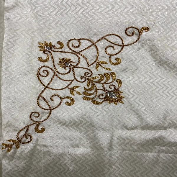 Horad Pure Silk Blend Cream Wedding Set Aari Work Fullsleeve shirt + Dhoti + Angavastram