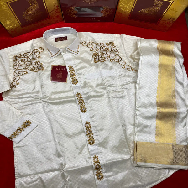 Horad Pure Silk Blend Cream Wedding Set Aari Work Fullsleeve shirt + Dhoti + Angavastram