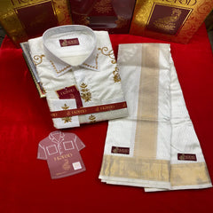 Horad Pure Silk Blend Cream Wedding Set Aari Work Fullsleeve shirt + Dhoti + Angavastram