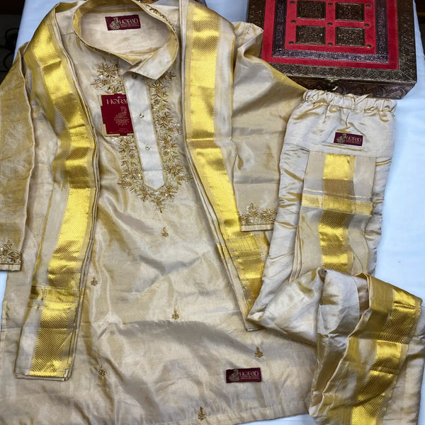 Horad Pure Silk Gold Tissue Wedding Set Aari Work Long Kurta + Kache panche  + Angavastram