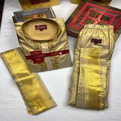 Horad Premium Art Silk Tissue Gold Emboss Long Kurta + Kache Panche + Angavastram
